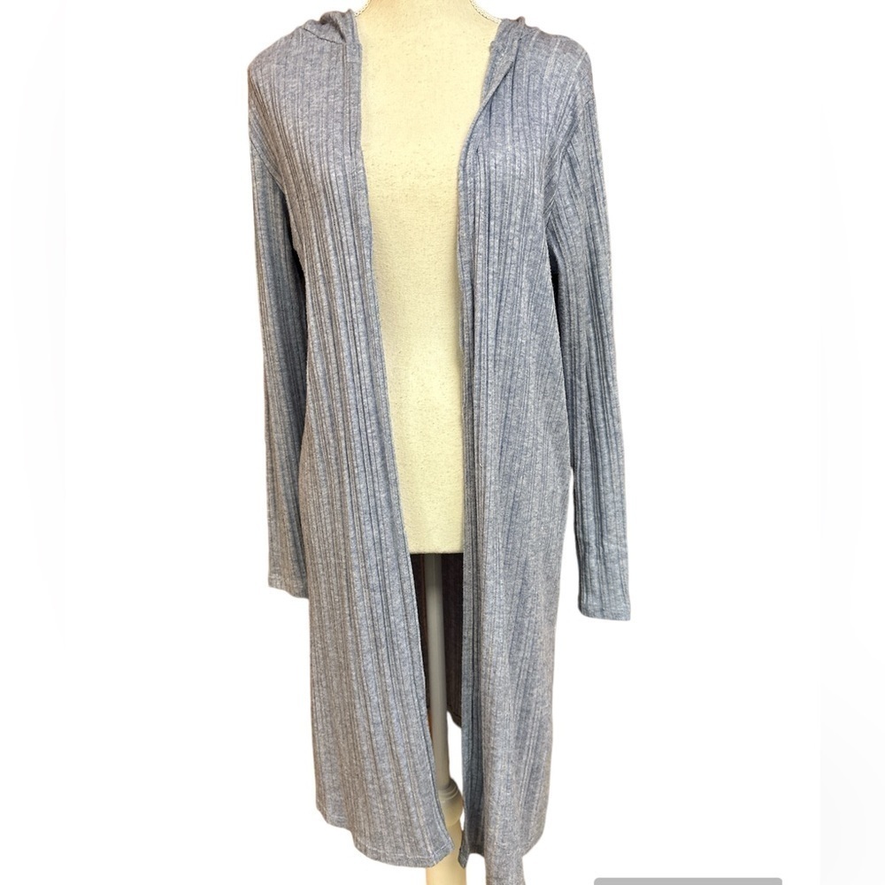 See You Monday Pastel Blue Open Longline Hooded Ribbed Knit Cardigan Large